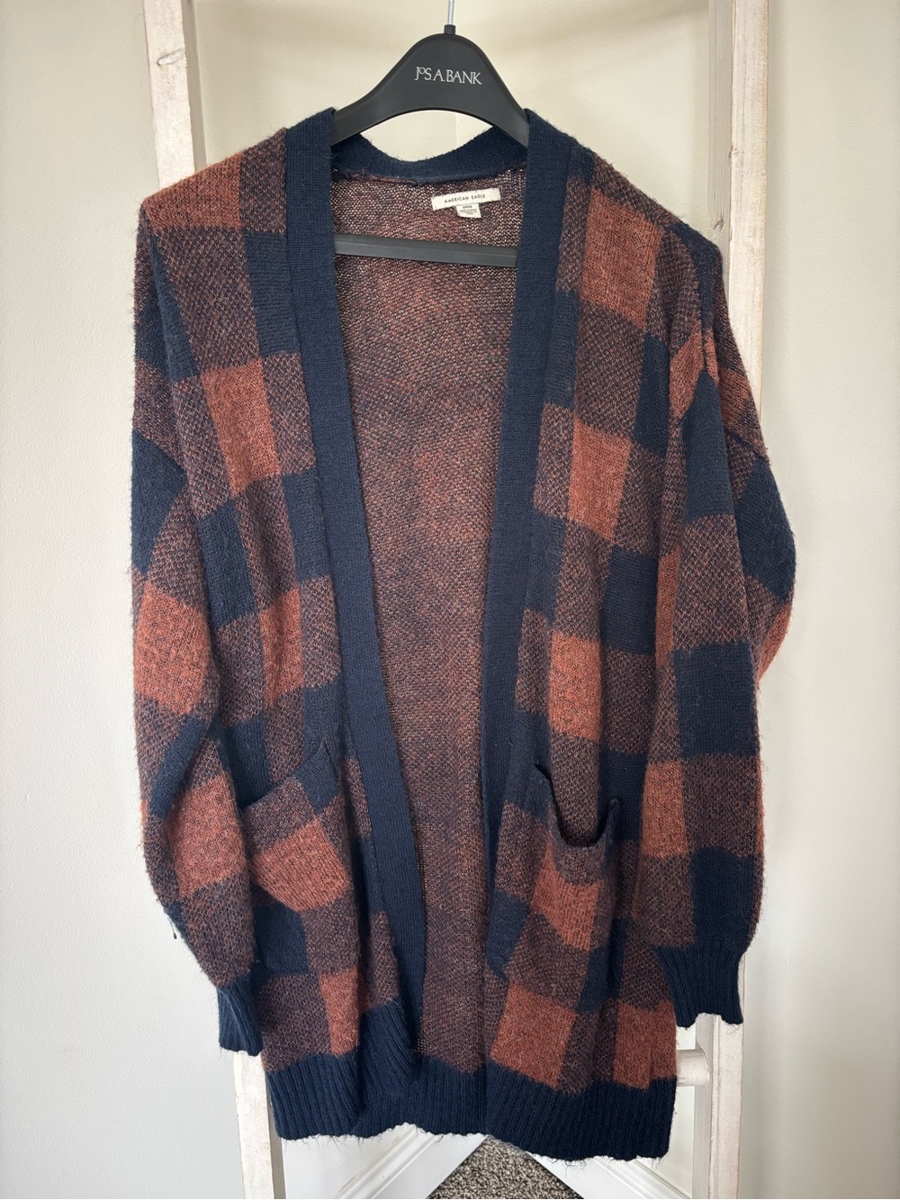 American Eagle Outfitters Navy & Rust Knit Open-Front Sweater